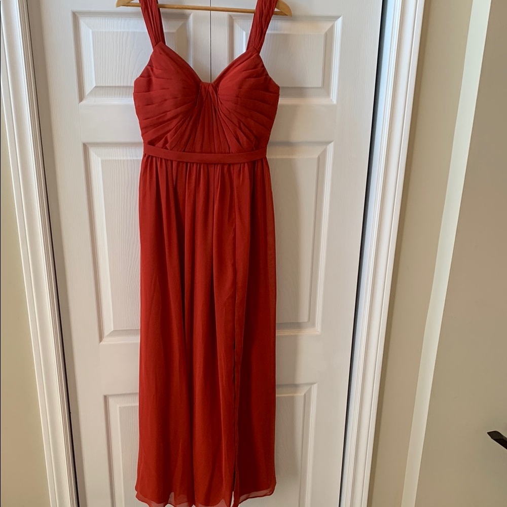 Azazie brick red lined chiffon maxi dress w slit EUC